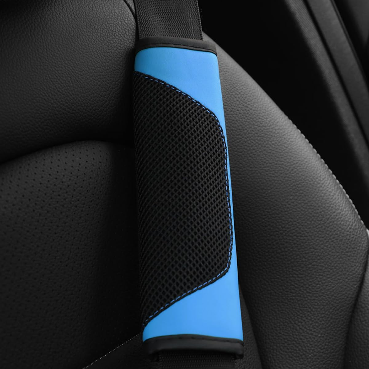 BESULEN Car Seat Belt Pads Cover, 2 Pack Leather Mesh Universal Seatbelt Shoulder Strap Protector, Soft Harness Pad Safety Belt Cover for Comfortable Driving, Car Interior Accessories (Blue) image number 1