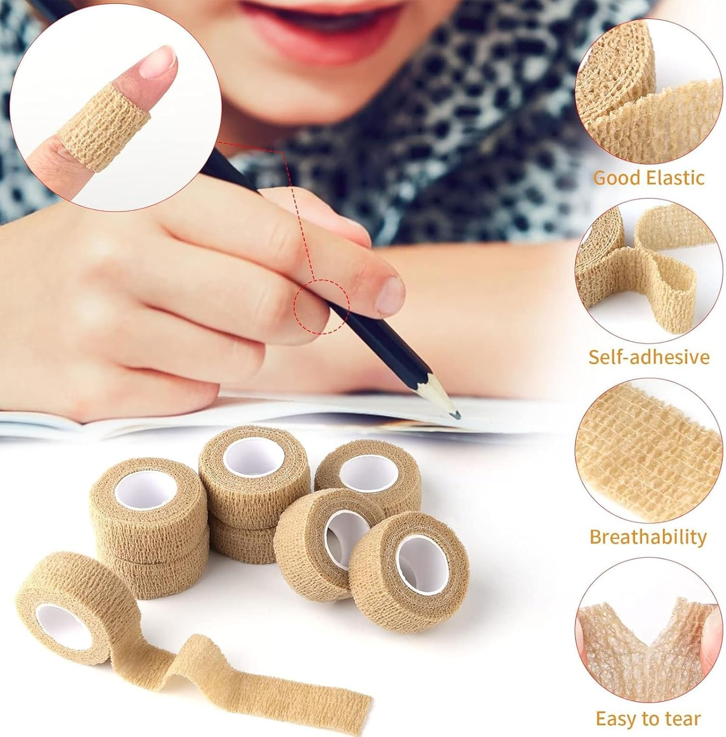 8PCS Cohesive Bandage, Compression Bandage, Rolls Self‑Adhesive Wrap Tape, Adhesive Bandage Tape Skin, Securing Dressings, Skin-Friendly Plaster for Medical Use (2.5Cm X 4M) image number 2