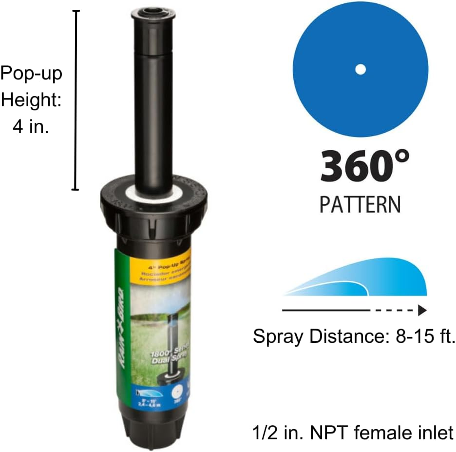 Rain Bird 1804DSF4PK Professional Dual Spray Pop-Up Sprinkler, 360&deg; Full Circle Pattern, 8' - 15' Spray Distance, 4" Pop-Up Height, 4-Pack