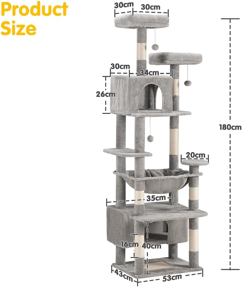 Cat Tree, 180CM Tall Cat Tree Tower for Large/Big Cats, Climbing Cat Tower Multi-Level Furniture Activity Center with a Large Hammock, Cat Condo and 4 Sisal Scratching Posts, Light Gray image number 2