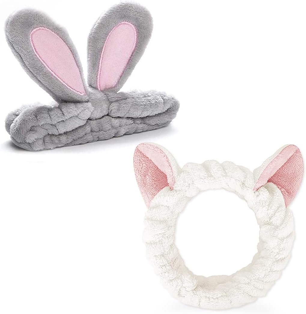 FUKPO Hair Band Cosmetic Rabbit Ears Cat Ears Make up Headbands Shower Hair Band Washing Face Cosmetic Headband Elastic Coral Fleece Hair Bands Women'S Yoga Sport Spa Beauty Pack of 2
