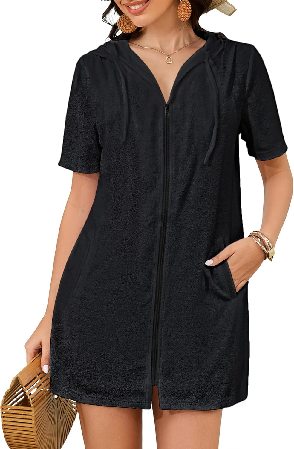 Bsubseach Terry Cloth Cover up for Women Zipper Hooded Swim Robes Beach Shirt with Pockets