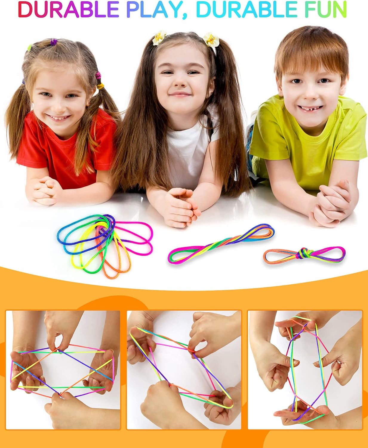 SONGTIY 6PCS Cats Cradle String, 65 Inch Long Rainbow Colourful Finger Rope, Chinese Finger String Games Toy for Kids, Adults, Children'S Day, with a Sand Painting, Rainbow image number 1