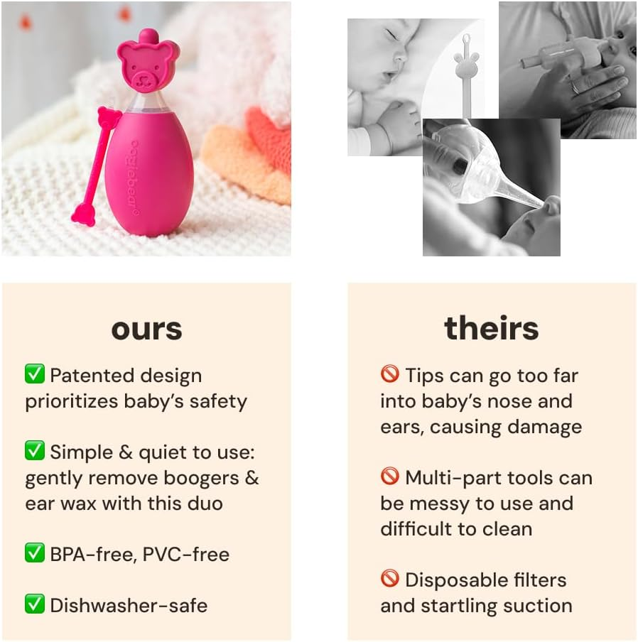 Oogiebear Bear Pair &mdash; the Safe Baby Booger Cleaner and Nose Sucker Duo | Bulb Aspirator and 2-In-1 Nose and Ear Wax Cleaner | Latex and BPA Free - Raspberry image number 4