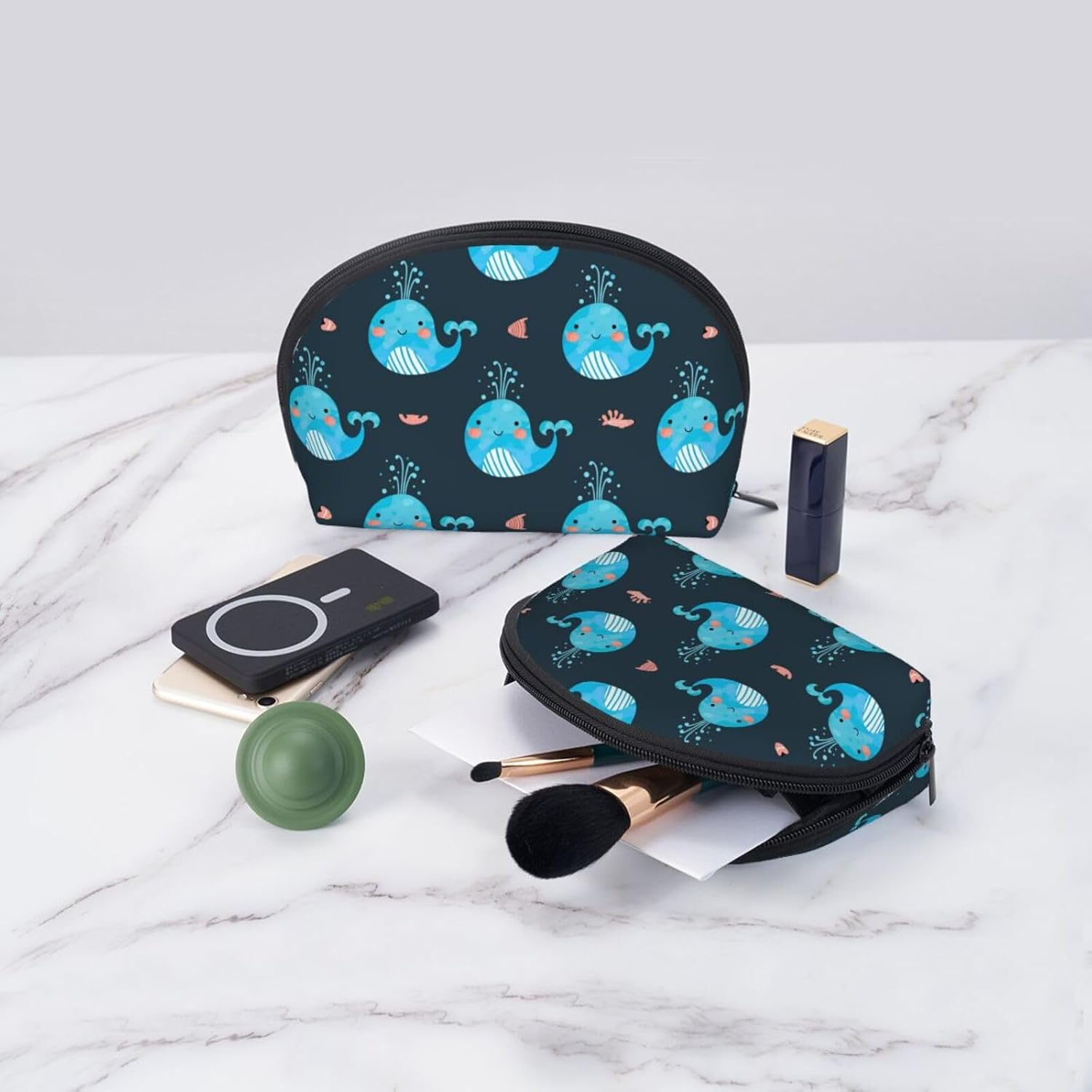 Cozimangoe Coin Pouch Makeup Bags Set, 2 Piece Shell Shape Cosmetic Bag with Pockets for Daily Travel Handbag Lipstick Keys Toiletry, Personalized Cute Whales and Fishes image number 1