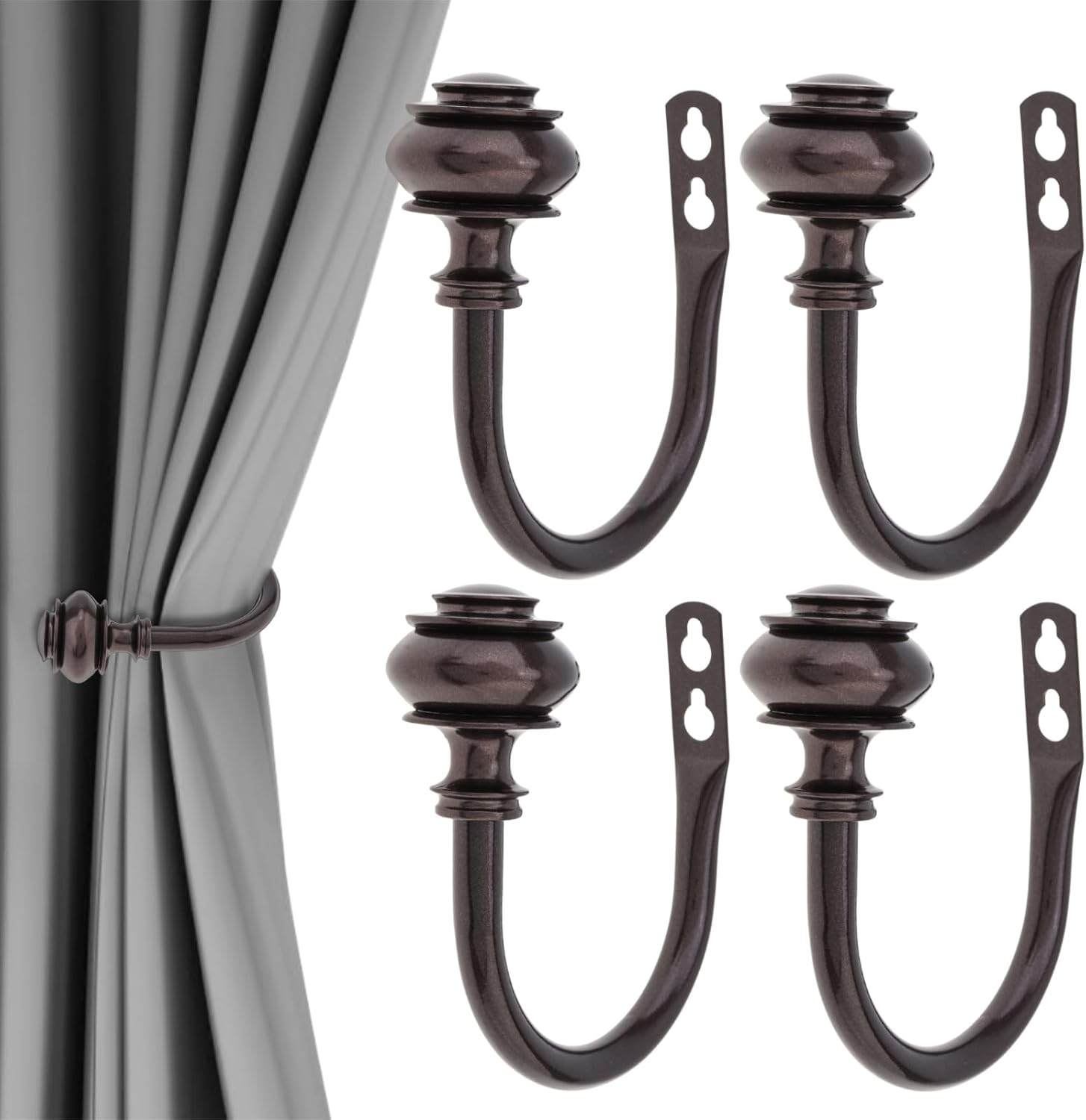 Curtain Holdbacks, 4 Pack Wall Mounted Window Drapery Tiebacks with Screws, U-Shaped Decorative Curtain Hook Holder for Bedroom, Livingroom, Office (4, Black)