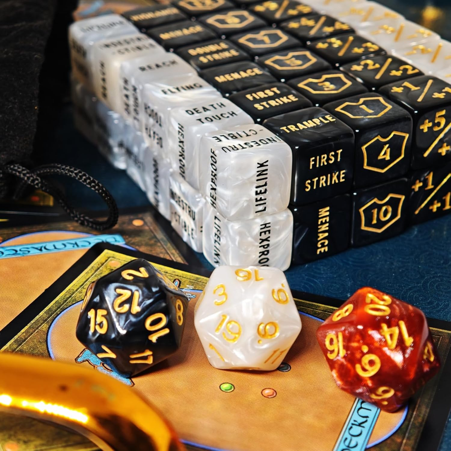 63 PCS MTG Counter Dice Set - Abilitykeyword Counters, -1/+1 Life, Shield Life Counter Dice, Creature Stat Buffs, Marble Colour D6 Cube Dice, for MTG, TCG, Card Games (Includes Black Bag) image number 4
