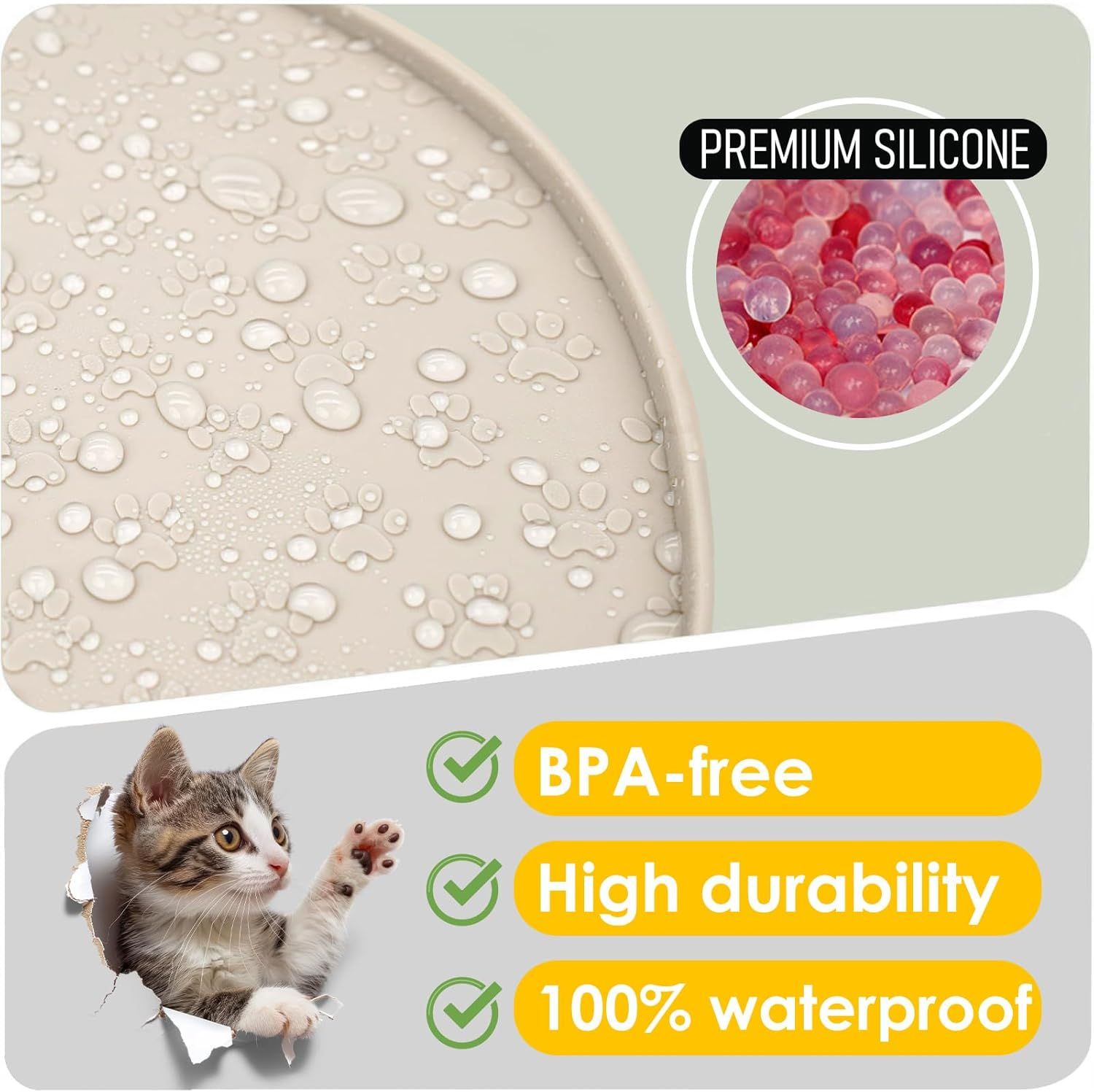 AVYDIIF Pet Feeding Mat, Waterproof Anti-Slip Placemats for Dog Cat Bowl Silicone Pet Food Mat, Raised Edge Prevent Spills on Floor & Carpet, Dishwasher Safe (1 Beige, 28 X 28 Cm)