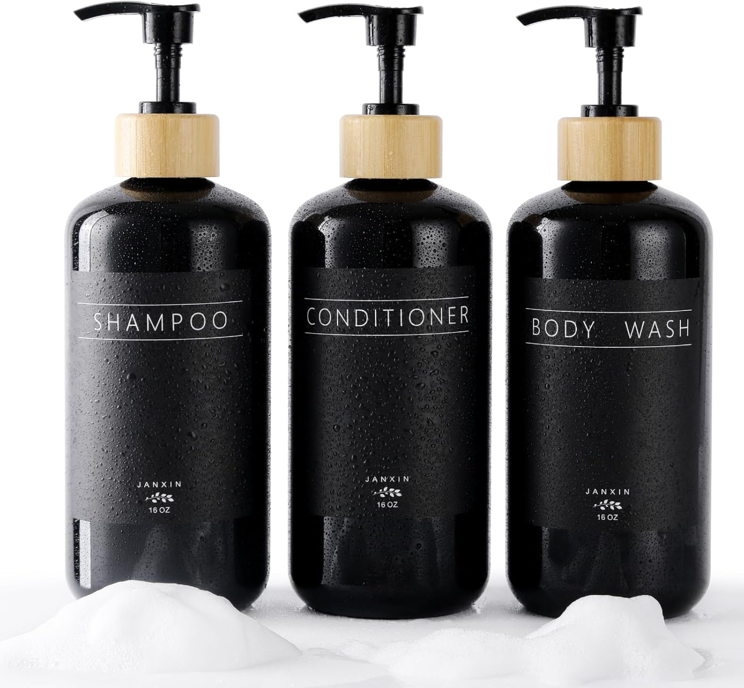Janxin Shampoo and Conditioner Dispenser Set of 3,Modern Refillable 16Oz Shampoo and Conditioner Bottles with Pump,Stylish Shower Soap Dispenser with Waterproof Labels for Bathroom(Clear)