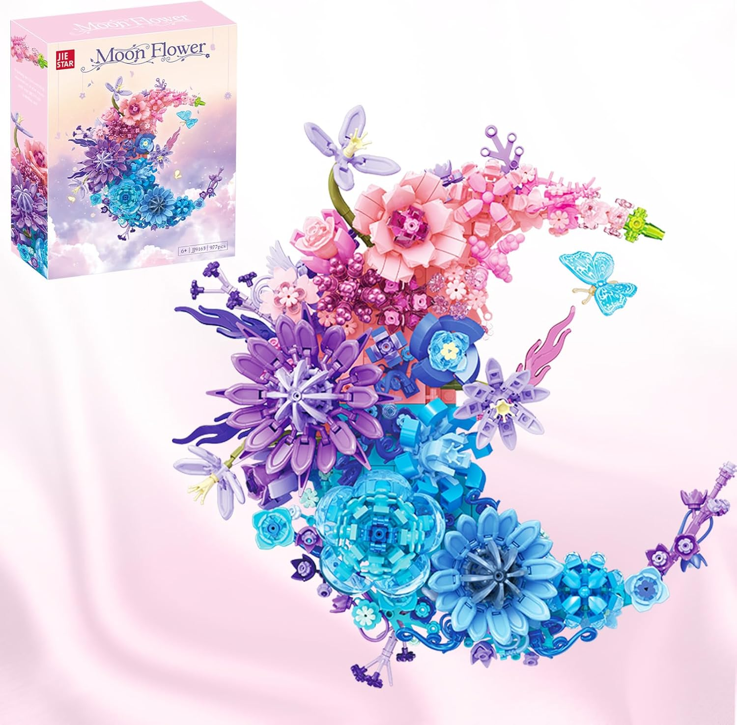 Pink Moon Flower Botanical Building Blocks, Artificial Bouquet Set, Home Office Wall Decor, Birthday Valentine'S Day Gifts for Woman Girls Ages 8+(977PCS)