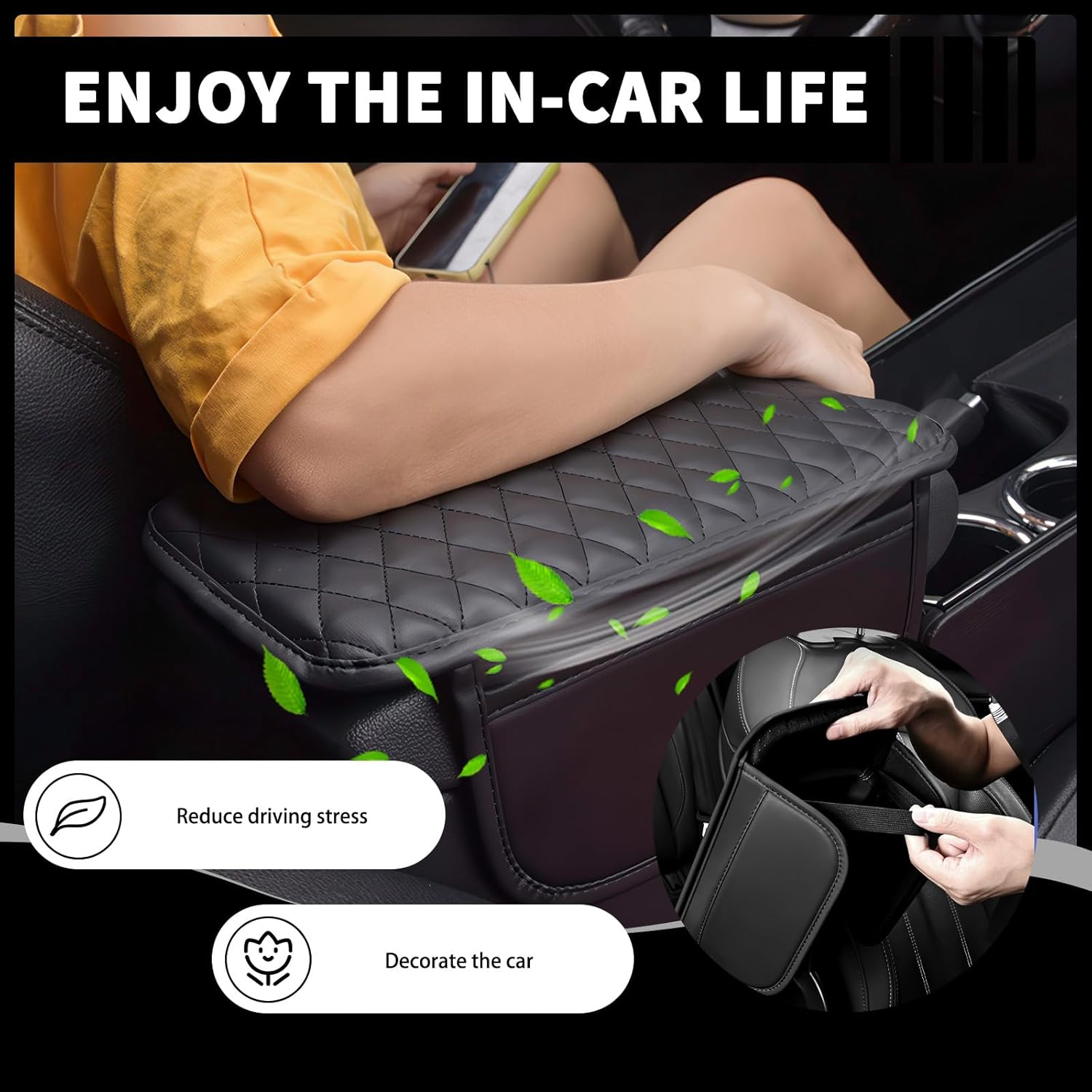 Car Center Console Cover with 2 Storage Bags, Leather Arm Rest Cover for Car Accessories Interior, Auto Universal Middle Console Cover Cushion Protector for Most Vehicle (Black) image number 4