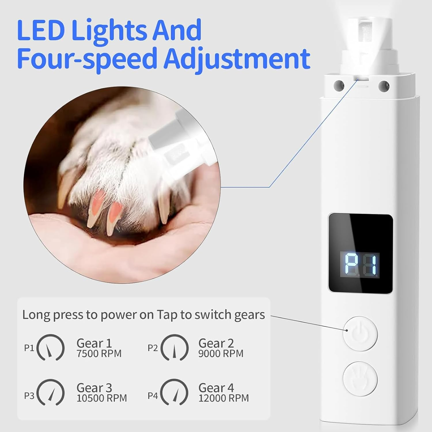 Dog Nail Grinder, 4-Speed Professional Dog Nail Trimmer W/Led Light, Battery Level & Gear Display, 4 Grinding Ports, Tail Red & Purple Light Design, Pet Nail Grinder for Dogs Cats image number 6