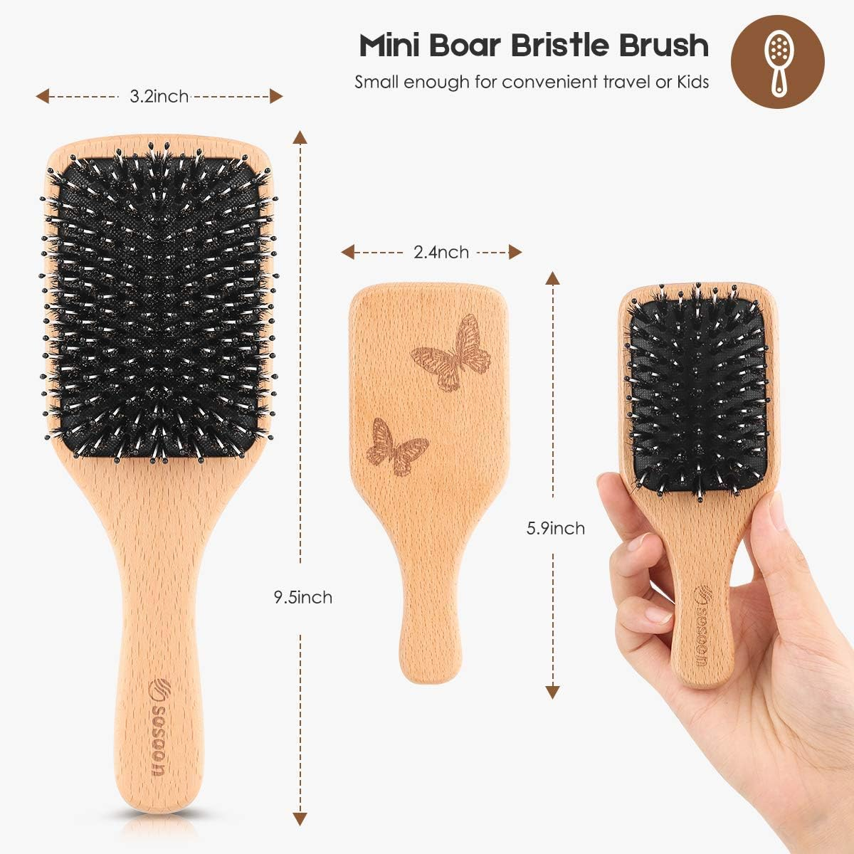 Hair Brush, 2 Pack Boar Bristle Paddle Hairbrush for Women Men Kids Reducing Frizzy, No More Tangle, Small Travel Brush Tail Comb & Giftbox Included image number 5
