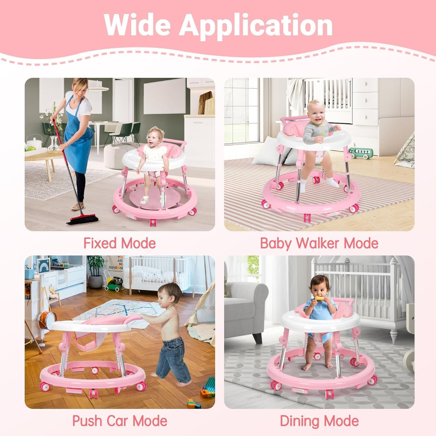 Baby Walker with Wheels Foldable, Portable Baby Walker with 9 Adjustable Heights, Infant Toddler Walker for Baby Boy Girls 6-18 Months (Pink)