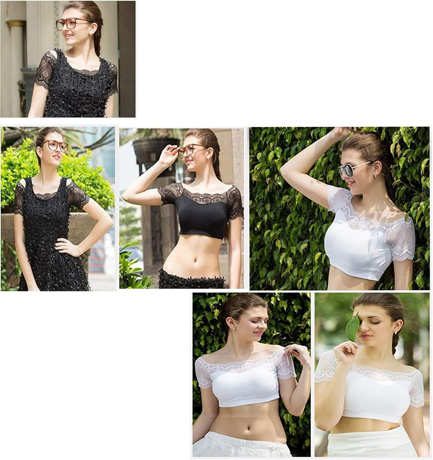 Fyluoke Lace Sports Bra Stretch Silk Yoga Tank Crop Tops for Women No Rims 2 Pack image number 2