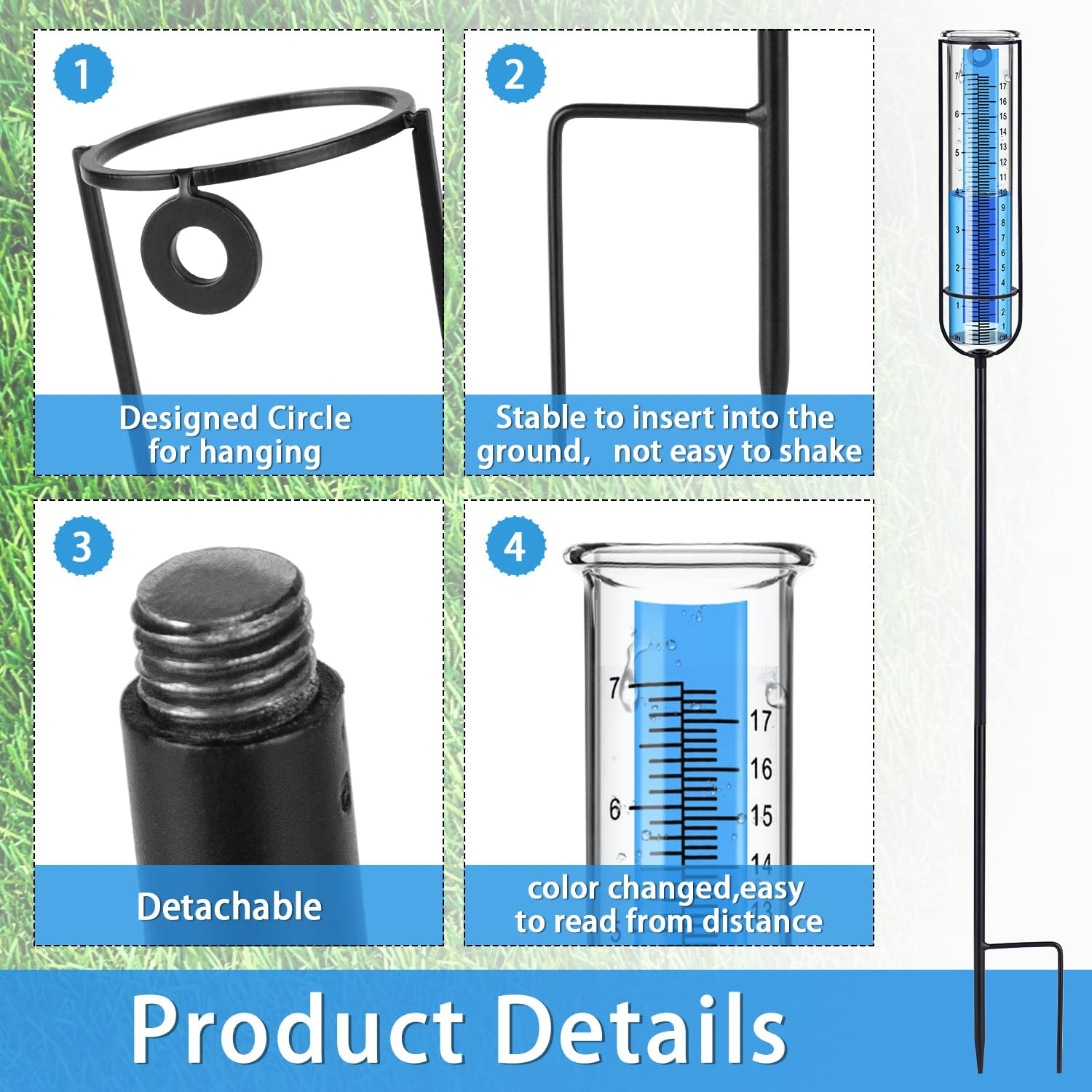 Richene Rain Gauge Upgrade, 7" Capacity Glass Rain Gauge Outdoor-Detachable Rain Guage with Lengthen Stake Best Rated for Yard, Lawn & Garden(Dual Scale) image number 1