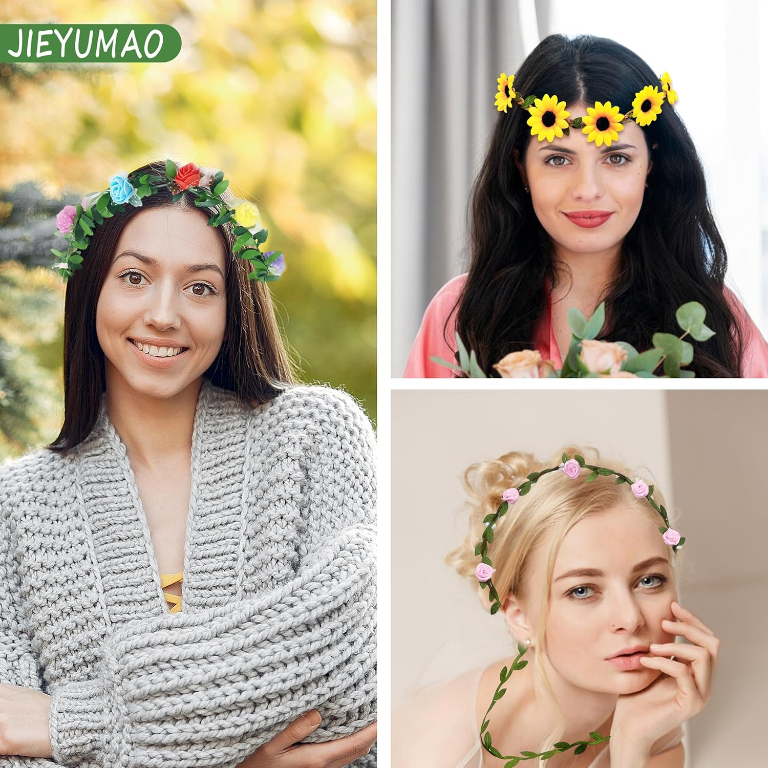 JIEYUMAO 8Pcs Flower Crown, Various Styles Artificial Floral Crown for Women, Fashion Daisy Flower Headband Floral Garland Headband Greenery Crown Bridal Hair Garland for Wedding Festival Party image number 2