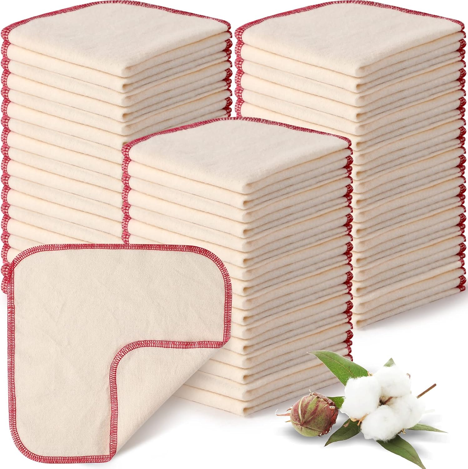 Meekoo 45 Pcs Unbleached Flannel Cloth Baby Wipes Reusable Baby Diapers Wipes 8 X 8 Inch Soft and Sturdy Washable Natural Cloth Tissues Outer Stitching(Red)
