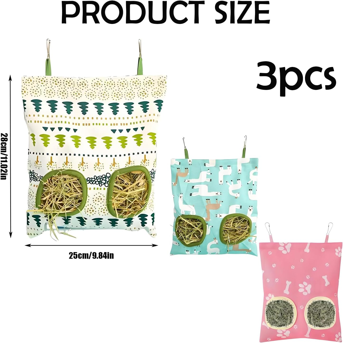 Xutong Pack of 3 Rabbit Hay Feeding Bags, Suitable for Small Rabbits, Hamsters, Guinea Pigs, Small Pets and Animals, Pink, White, Green
