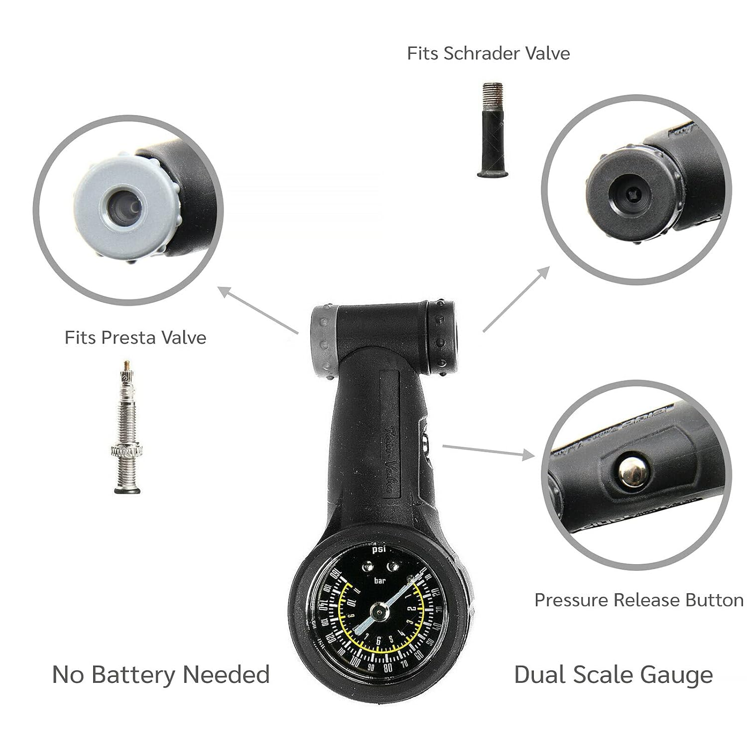 Venzo Bicycle Air Tire Pressure Gauge - High or Low Pressure Presta Schrader PSI or Bar - Great for Bike Car Truck Motorcycle Tire and Suspension Shock 160 PSI /11 Bar - Single Face image number 1