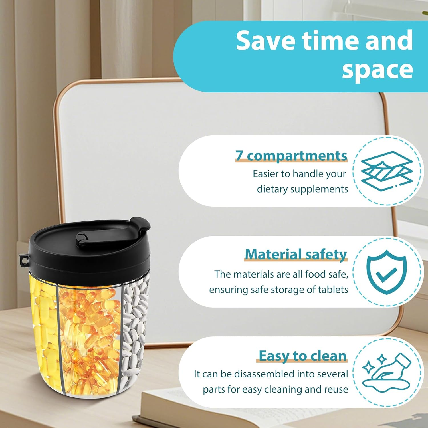 Large Pill Organizer, round Pill Box with 7 Compartments and anti Mixing Design, Space Saving Portable Pill Dispenser, Supplement Organizer for Outdoor Traveling (Black)