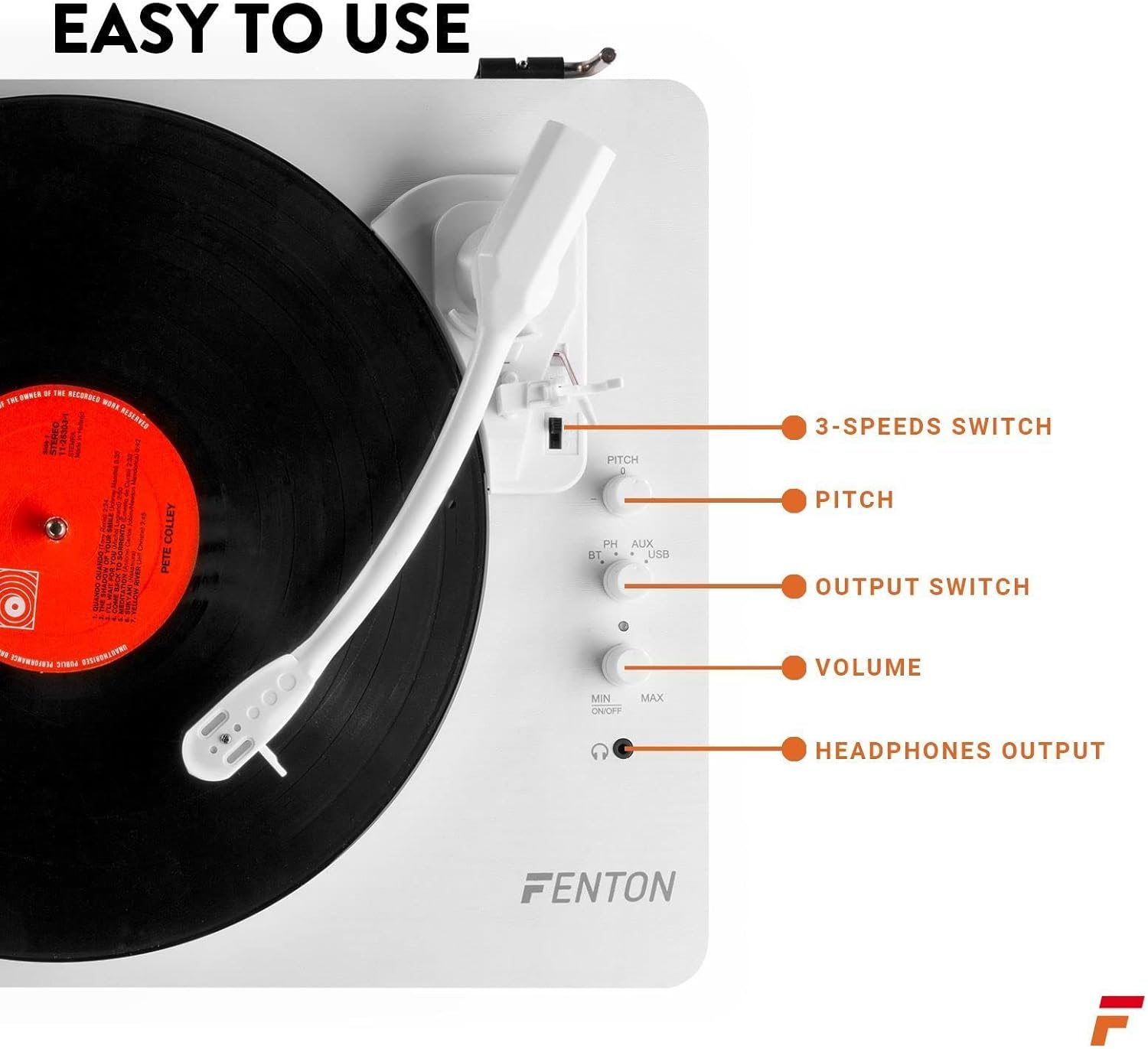 Fenton RP162W Record Player with Bluetooth Output, White Record Player with Built-In Speakers, Bluetooth Transmitter Turntable for Wireless Streaming, Stylish Vinyl Player, 33 & 45 RPM Support image number 5