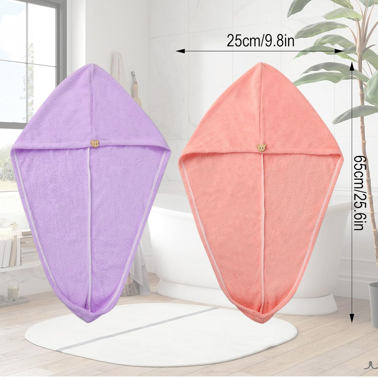 Pack of 2 Microfibre Hair Towels, Pink Purple Thickened Hair Turban for Drying Hair, Turban Towel with Button, Super Absorbent, Quick-Drying Hair, Soft Twisted Hair Towel for Women Children image number 3