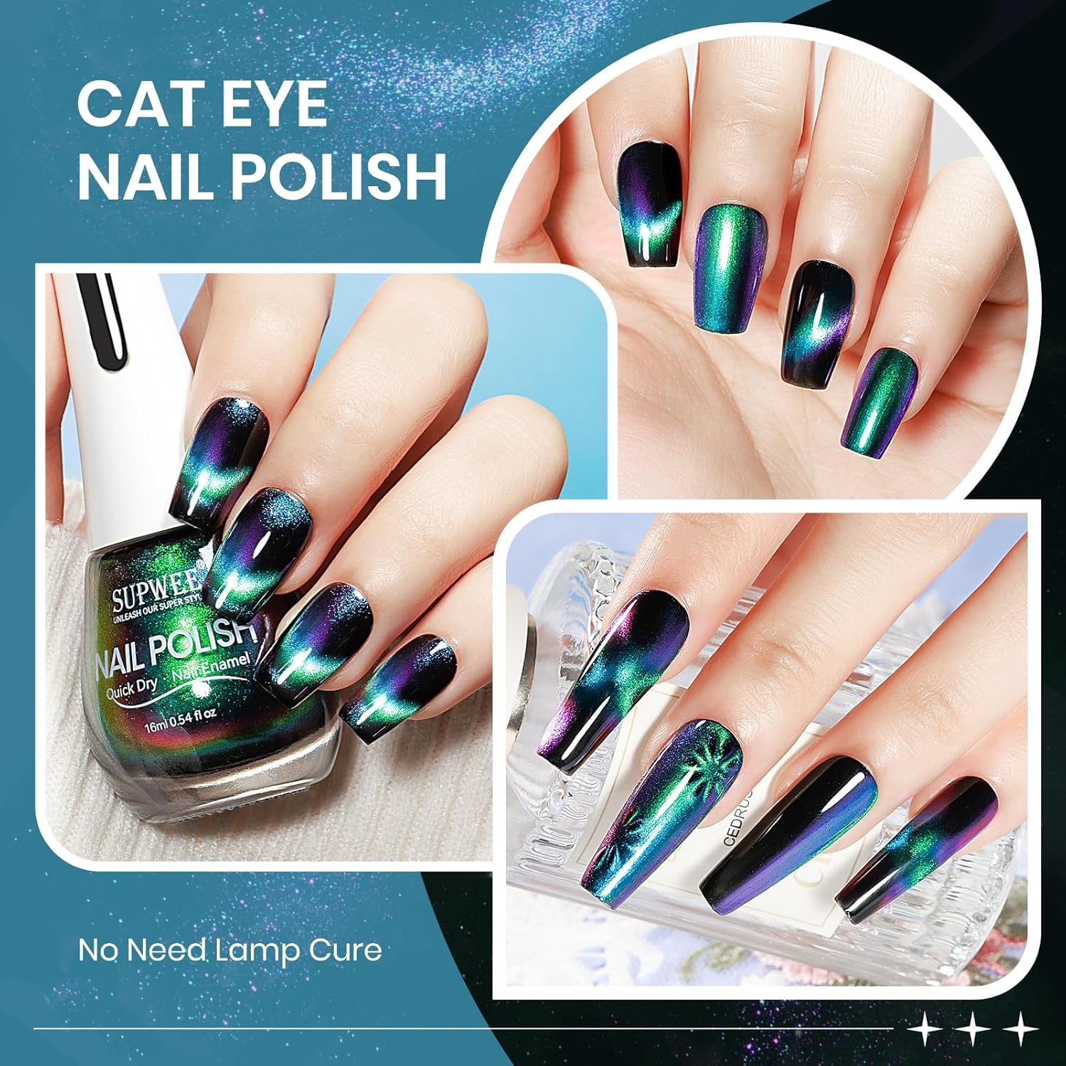SUPWEE 9D Cat Eye Nail Polish - 16Ml Air Dry Magnetic Nail Polish with Magnet Stick, Holographic Galaxy Effect Chameleon Color Easily DIY Unique Nails Art image number 6