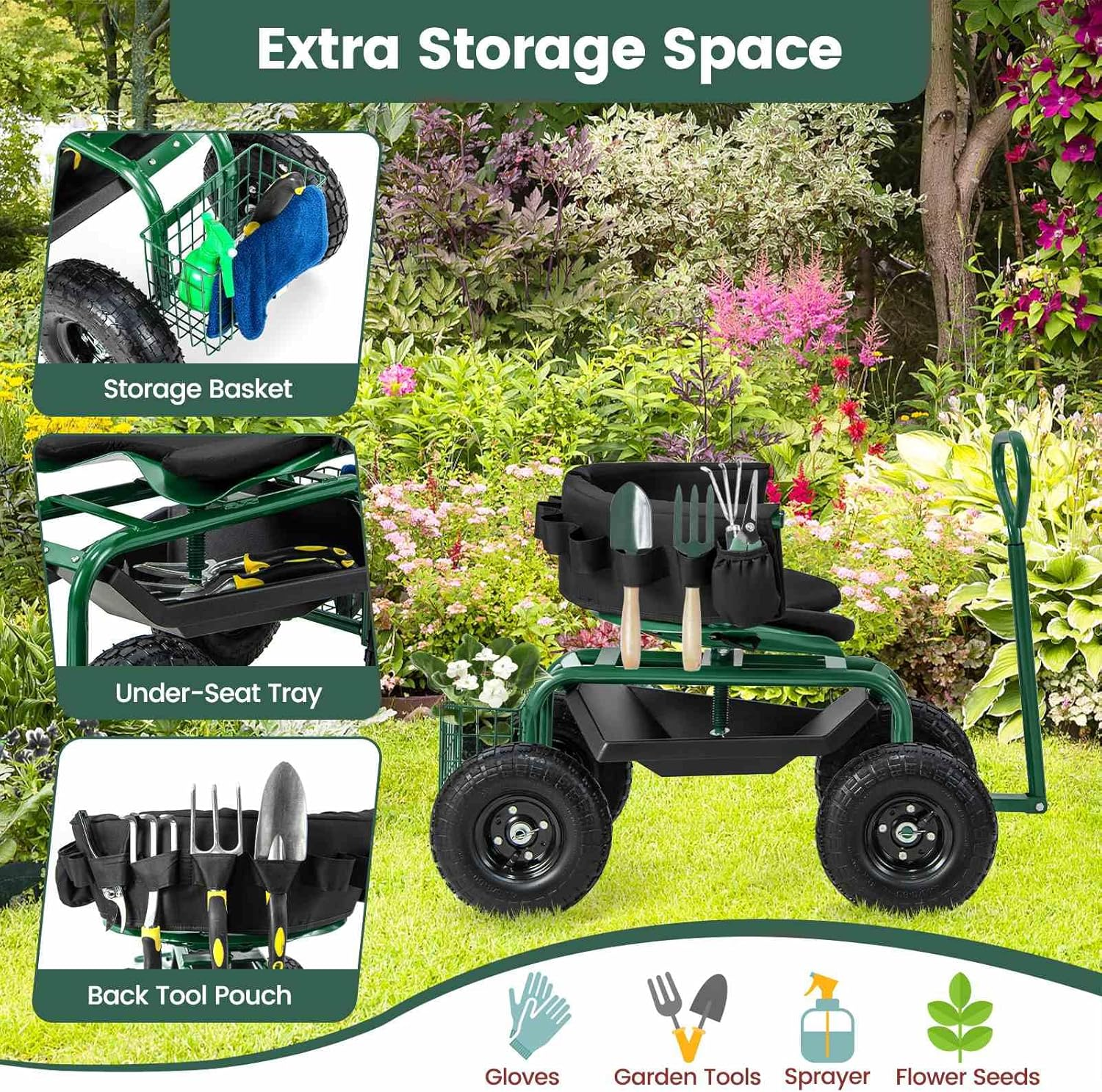 Costway Rolling Garden Cart Scooter, Outdoor Heavy-Duty Gardening Cart W/ 26Cm Tires, Swivel Seat, Extendable Handle, Yard Steerable Tool Cart Scooter W/Tray, Storage Basket, Tool Pouch, Seat Cushion image number 6