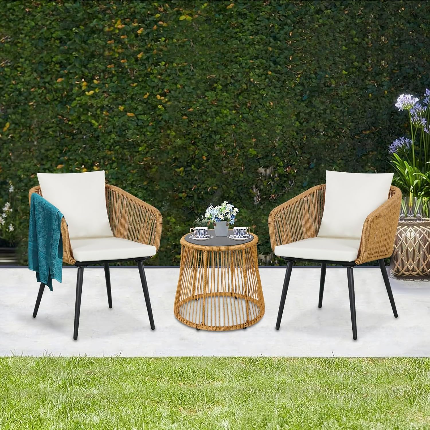 YIYAN 3-Piece Patio Bistro Set with Folding Rattan Chairs and round Table - Small Outdoor Furniture for Balcony image number 6