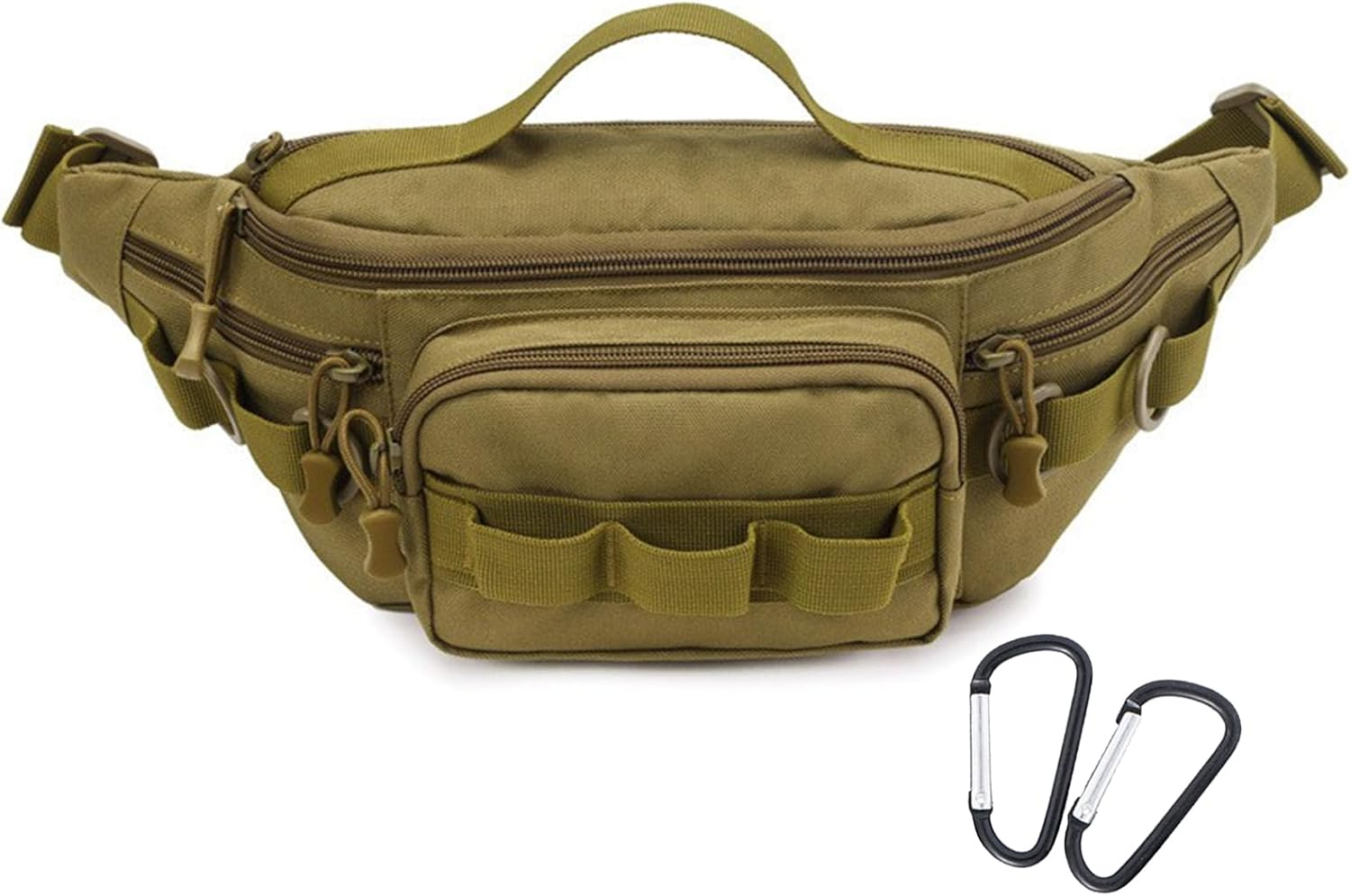 Tactical Fanny Pack, Water-Resistant Military Waist Bag for Outdoor Fishing, Hiking, Climbing - Small Tackle Storage Pack with 2 Mini Carabiners, Tan