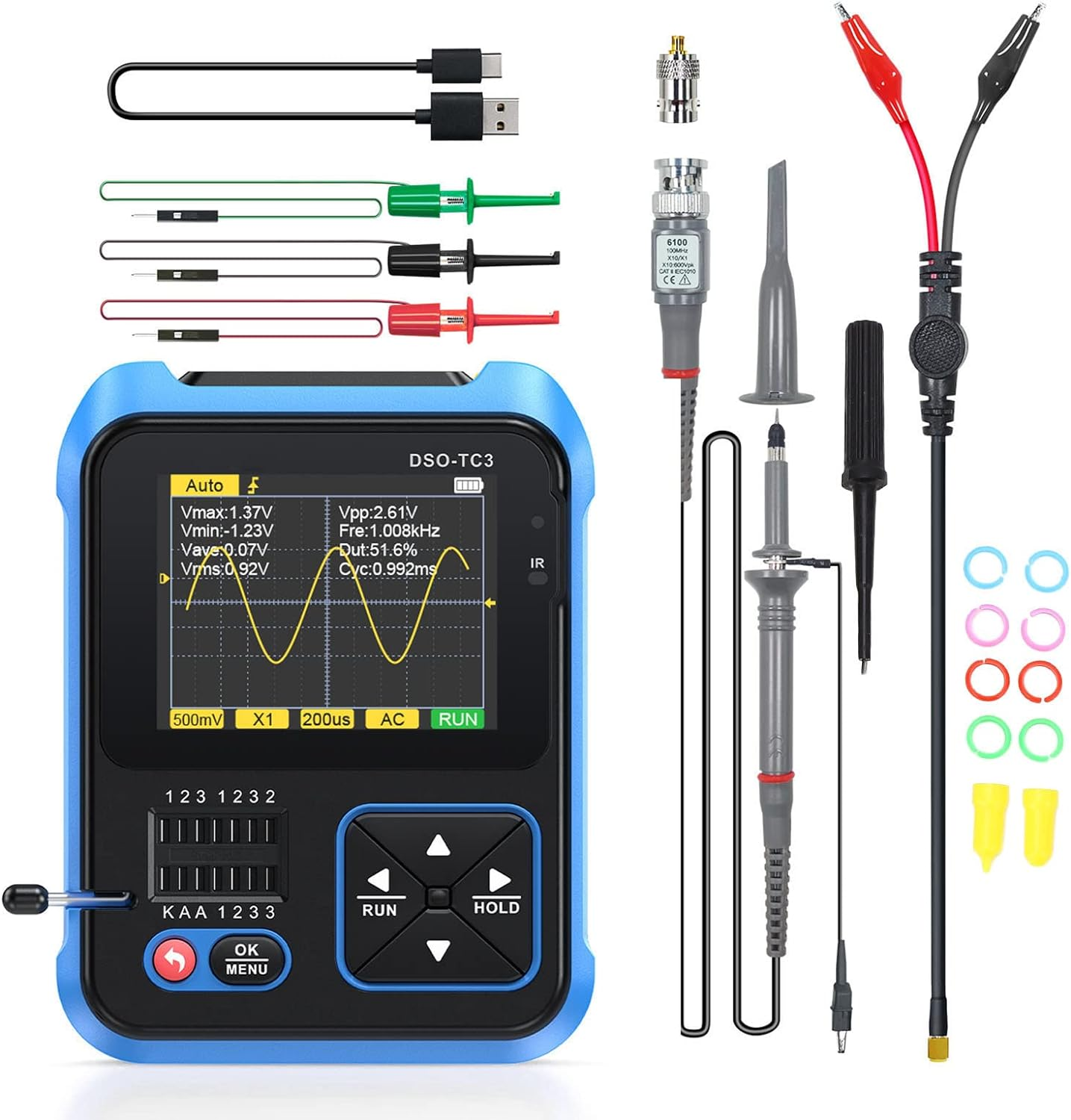 Handheld Digital Oscilloscope, 3 in 1 Handheld Oscilloscope Multimeter with 500Khz Bandwidth, 10Msa/S Sampling Rate, 2.4Inch TFT LED Screen Portable Digital Oscilloscope Kit (High Configuration) image number 6