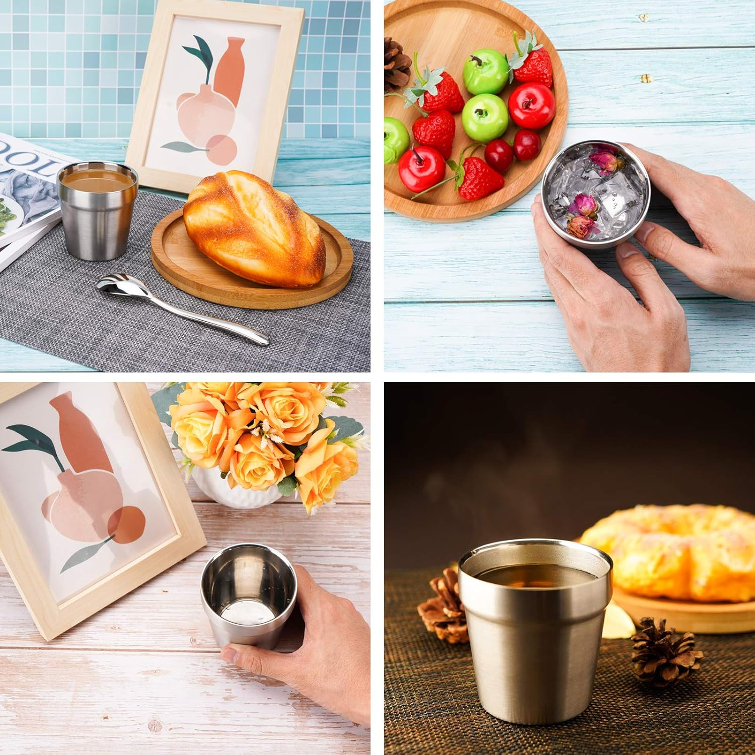 Beasea Mini Stainless Steel Cups, 6 Oz Set of 4 Metal Drinking Cups, Stackable 304 Stainless Steel Cups Double Wall Small Metal Insulated Drinking Cups Glasses for Home Restaurant Party Camping image number 1