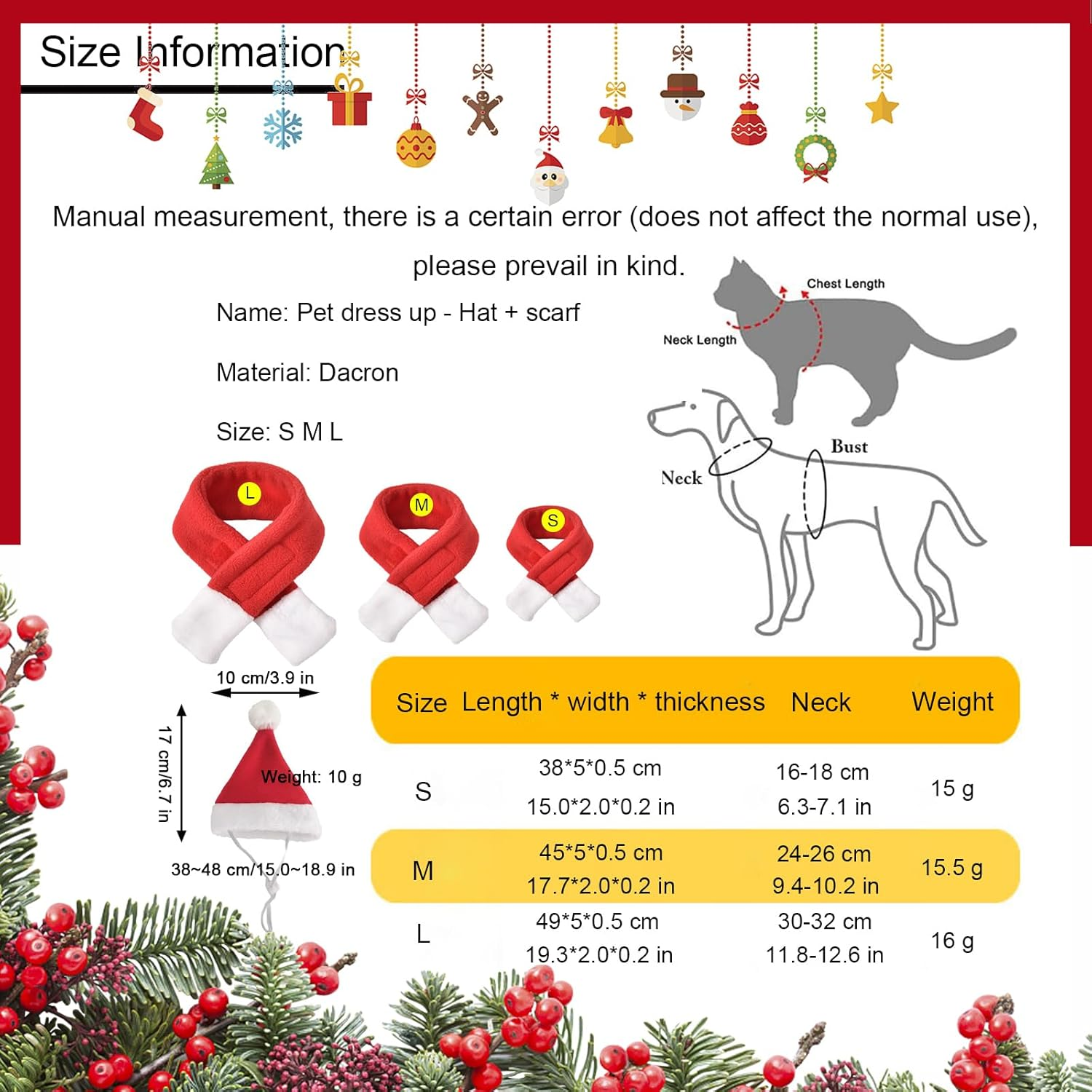2 PCS Hat & Scarf Pet Costumes Christmas Pet Dress up Pet Cosplay Cat and Dog Costumes for Party (L-6) image number 7