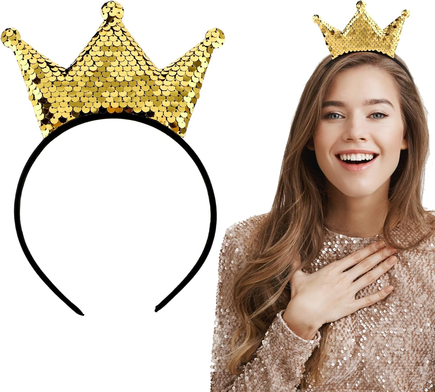 Dimeo Sequin Crown Headband, Princess Glitter Hair Bands, Hair Accessories for Women, Shiny Golden Headband, Elastic Hair Decoration for Birthday Parties and Christmas Gifts