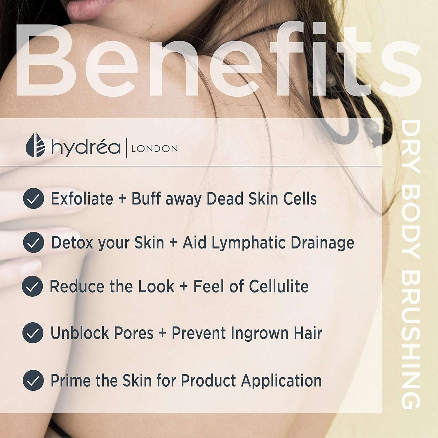 Hydrea London Body Brush - Exfoliating Dry Scrubber, Cellulite Remover, & Skin Exfoliator, Helps Improve Lymphatic Flow - 100% Vegan, FSC&reg; Certified Beechwood, & Natural Cactus Bristle image number 2