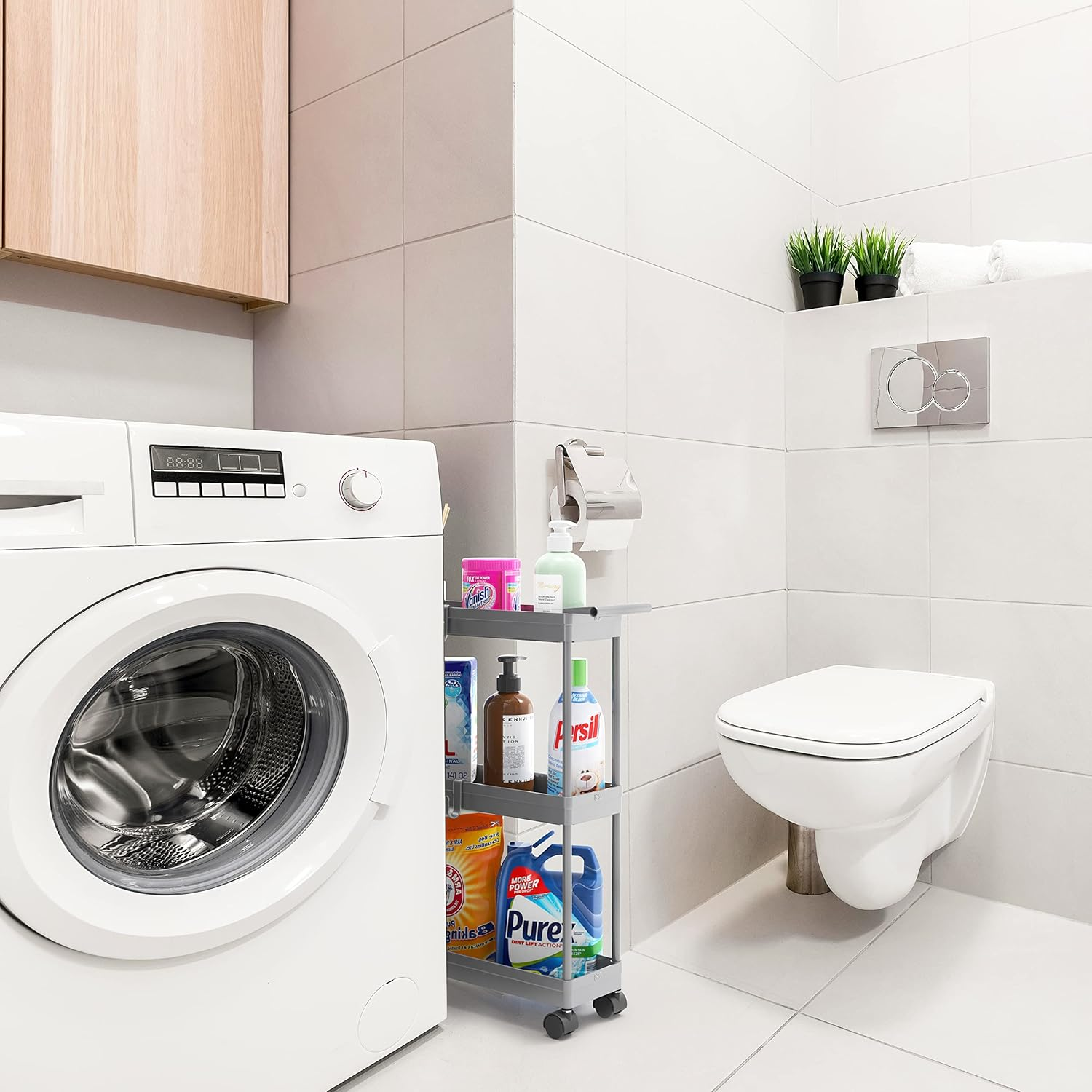 Simplehouseware 3-Tier Slim Rolling Cart with Handle and Hooks for Kitchen and Bathroom Trolley, Grey image number 3