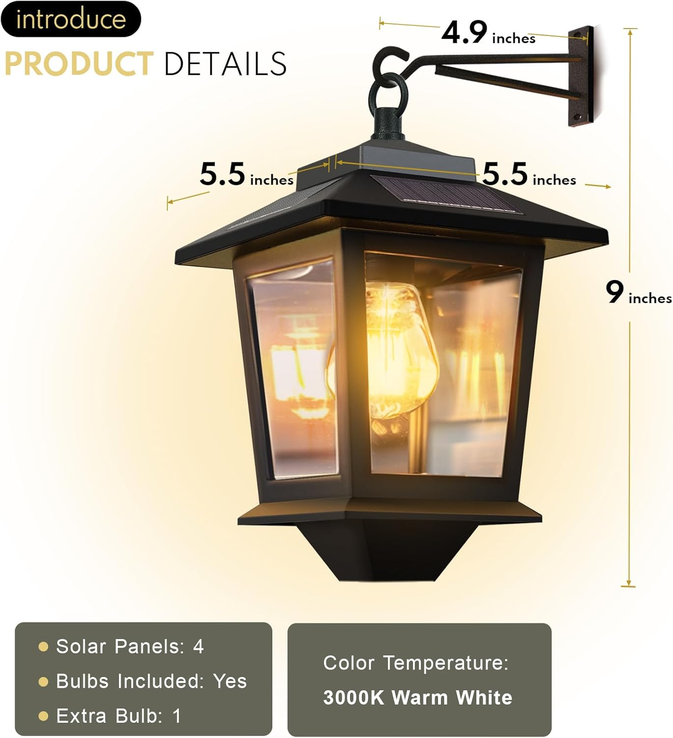 PASAMIC 2 Pack Solar Wall Lanterns with Replaceable Bulb,Outdoor Hanging Lights 4 Panels,Dusk to Dawn Led Outdoor Sconce,Anti-Rust Waterproof Hooks,3000K Warm White, Black image number 4