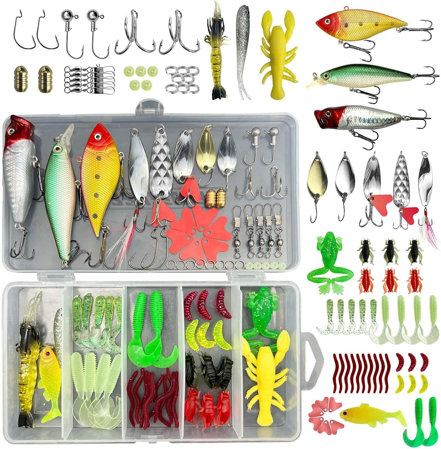 Fishing Lures Kit for Freshwater Bait Tackle Kit for Bass Trout Salmon Fishing Accessories Tackle Box Including Spoon Lures Soft Plastic Worms Crankbait Jigs Fishing Hooks