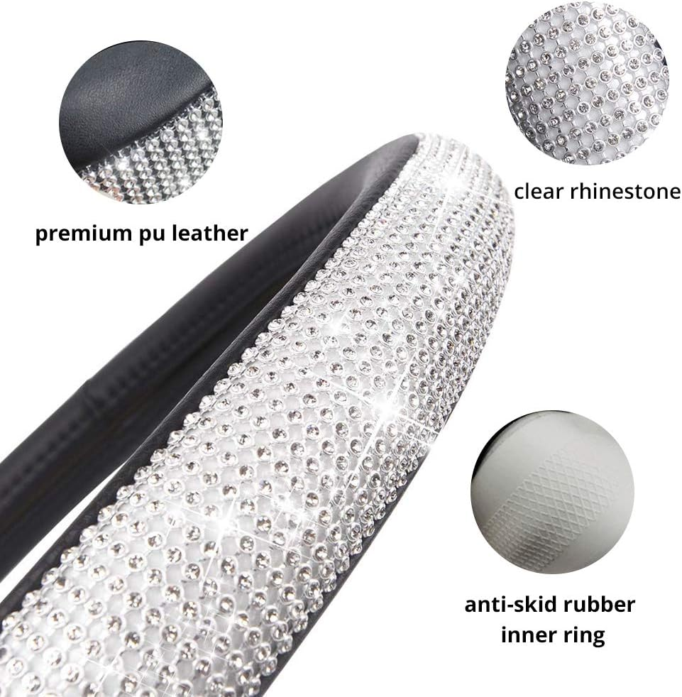 TOYOUN Bling Crystal Car Steering Wheel Covers, Universal Fit Glitter Leather Car Interior Steering Wheels Accessories for Women Girls Ladies(Gold/Silver) Silver - Pink image number 4