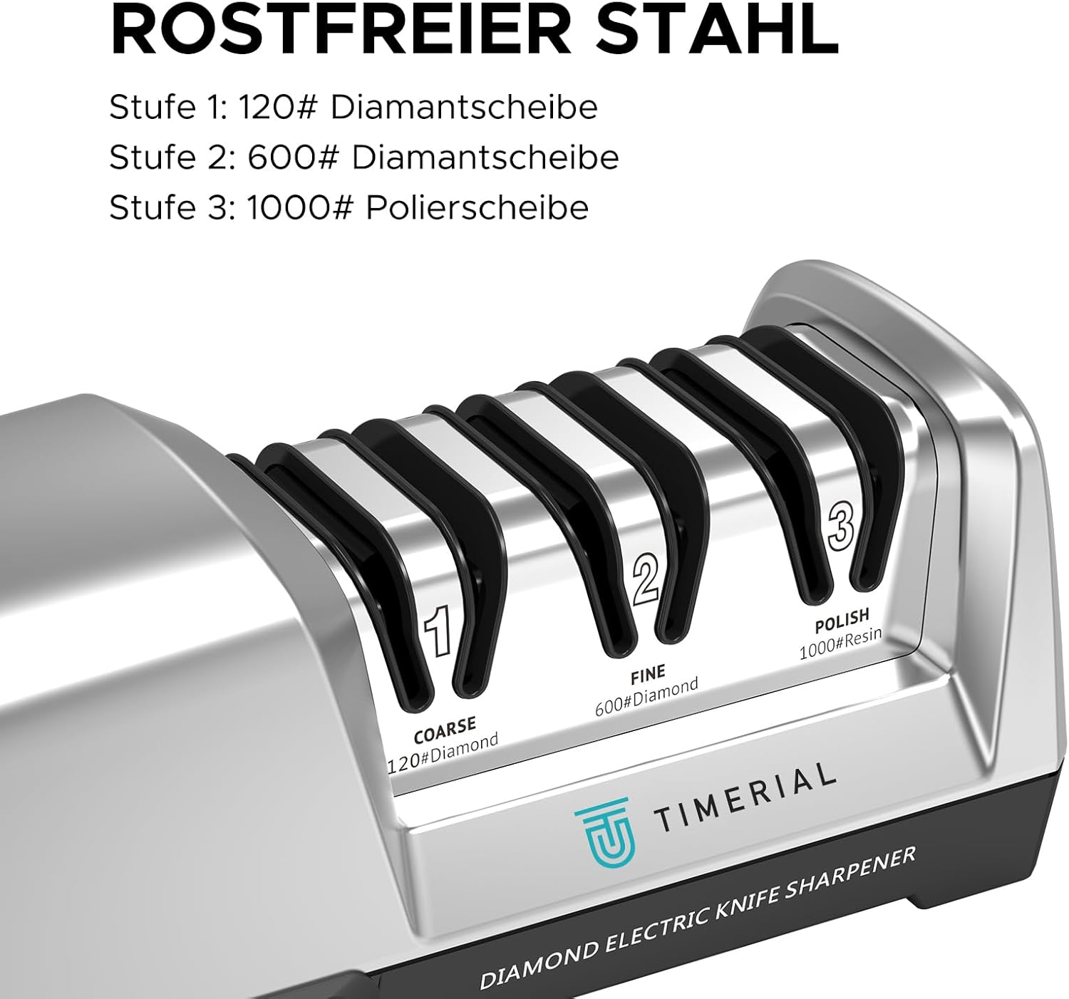 TIMERIAL Electric Knife Sharpener 3-Stage Diamond Grinding Disc 15&deg; Precision Angle Guide for Sharpening and Polishing Kitchen Knives Made of Steel, 120 Grit and 600 Grit and 1000 Grit image number 3