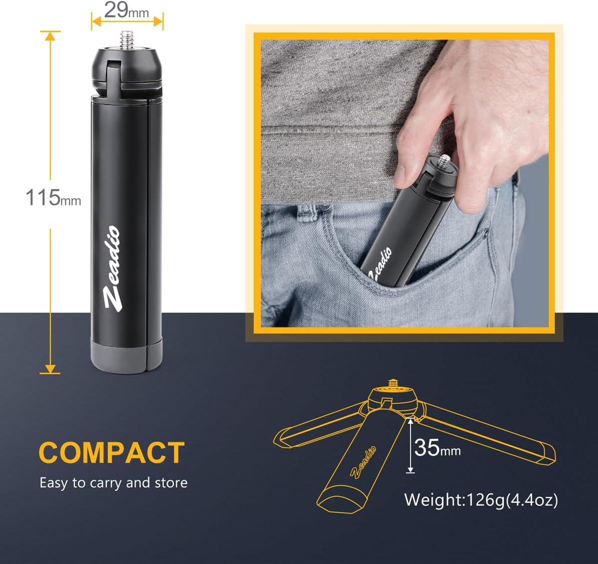 Zeadio Metal Mini Tripod, Desktop Tabletop Stand Tripod with 1/4 Inch Screw for Smooth 4, Osmo Mobile, Vimble 2, Gimble Handle Grip Stabilizer and All Cameras image number 5