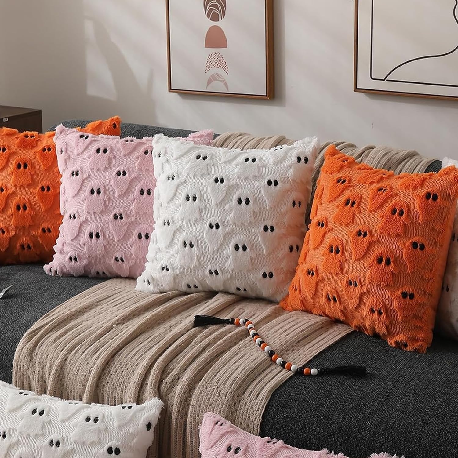 Halloween Ghost Plush Pillow Covers &ndash; 17.7 X 17.7 Inch Set of 2, Fluffy Faux Fur Cushion Covers for Sofa & Home Decor Farmhouse-Style Decorative Throw Pillow Cases (White)