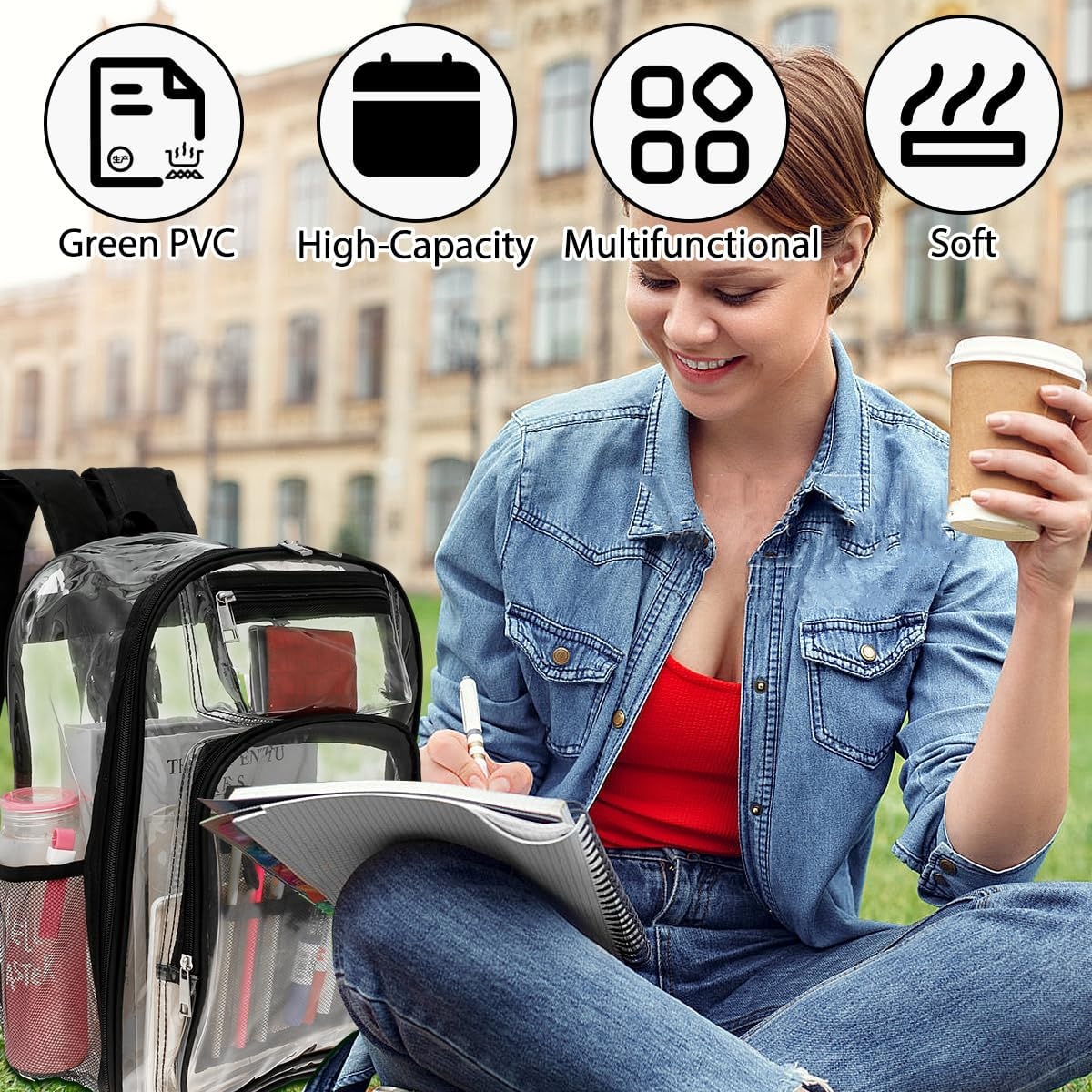 Clear Backpack Transparent Durable PVC Book Bag with Multiple Pockets Reinforced Stitching See through Backpack with Adjustable Shoulder Strap Waterproof Large Capacity School Bag image number 5