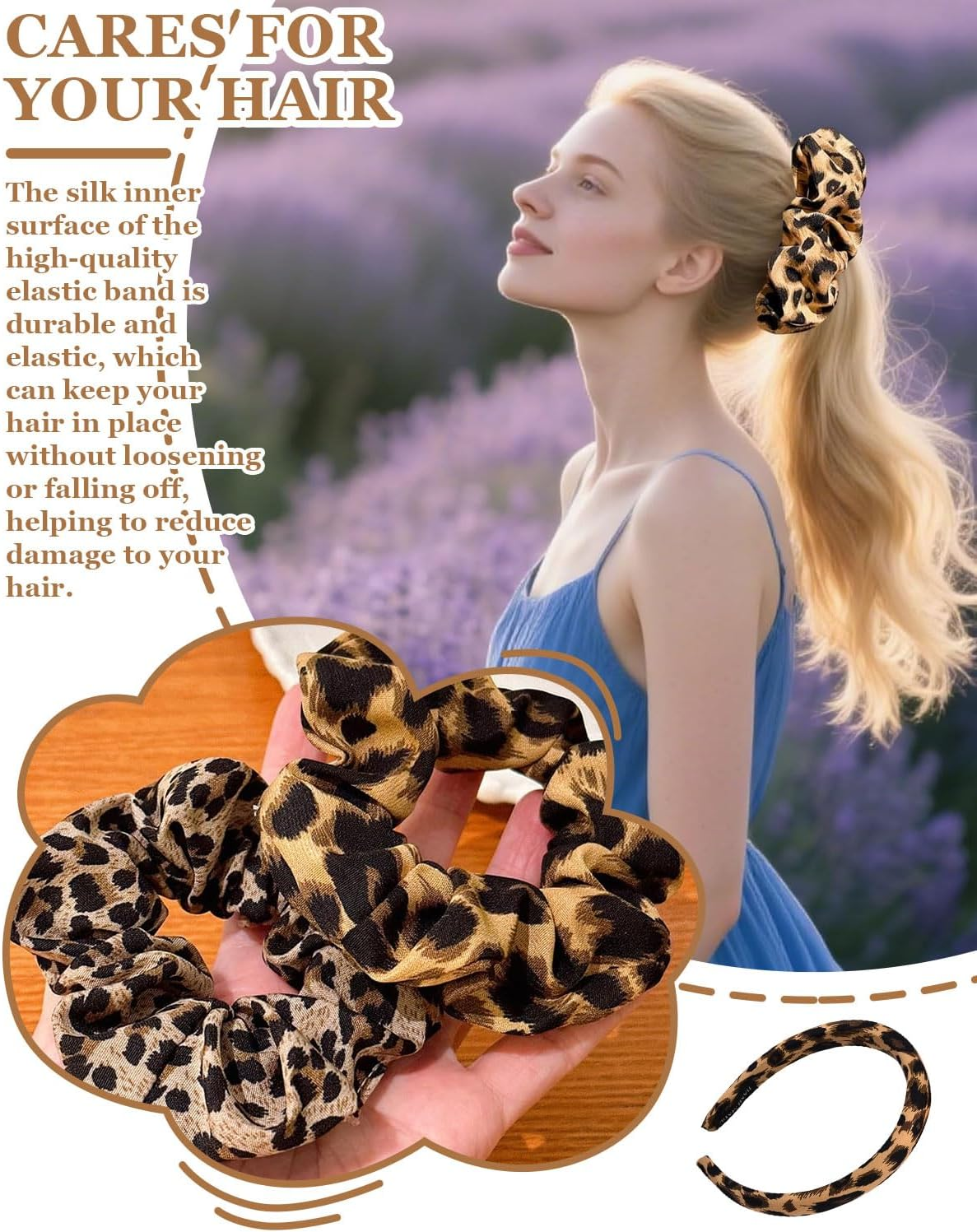 JUKOTA 2 X Hair Bands for Women Leopard Print Scrunchies Strong Hold Hair Bobbles Extra Large Scrunchie for Thick Hair, Leopard Print, Scrunchies, with 1 Leopard Headband, Hair Band image number 5