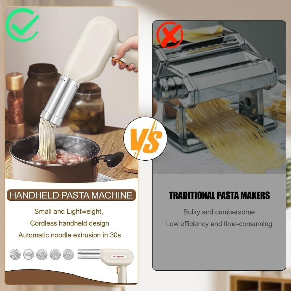 Electric Handheld Pasta Maker Machine Cordless Automatic Noodle Spaghetti Extruder with Dough Roller Press Mixer Attachment for Ramen Homemade Pasta Making DIY Homemade