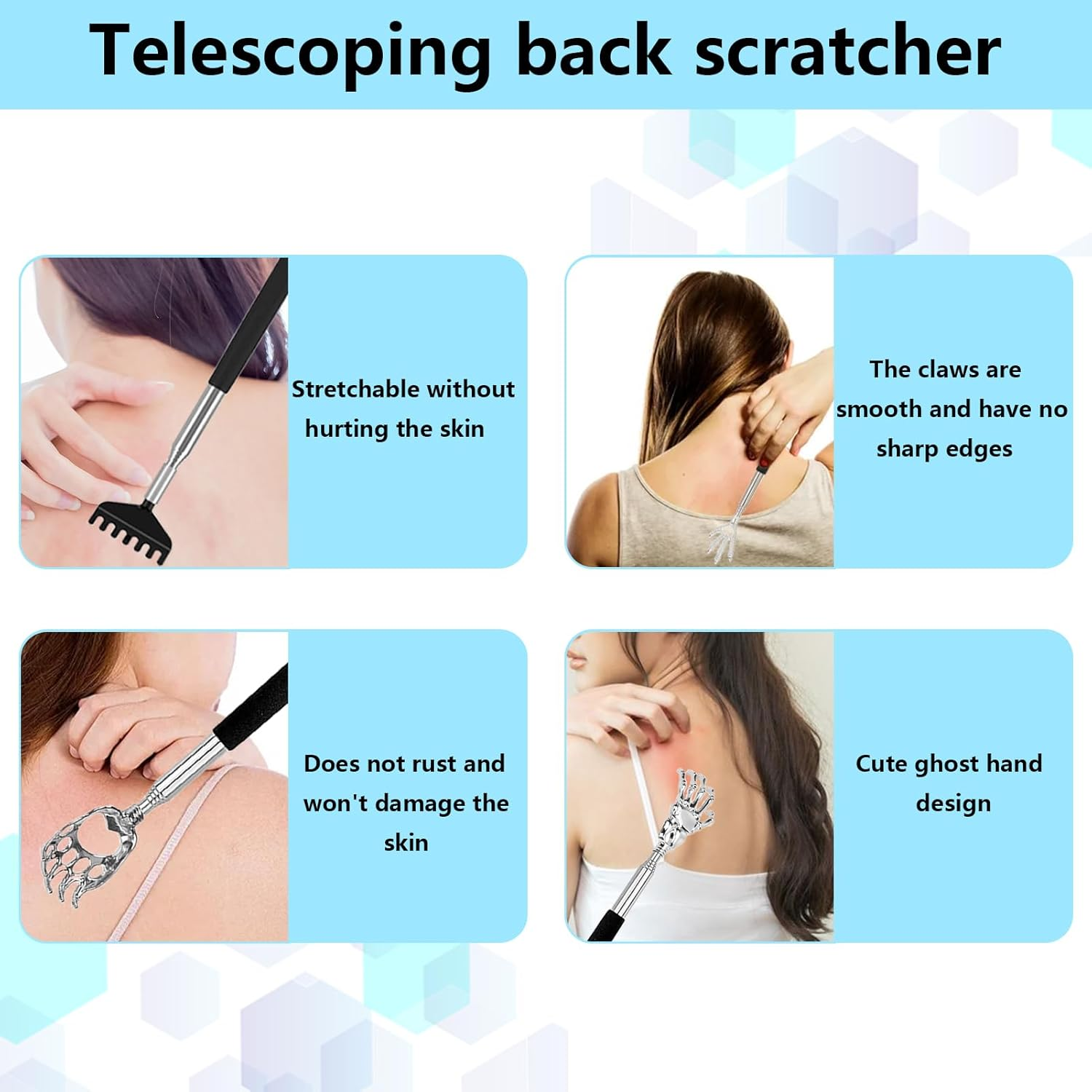 Back Scratcher, 4 Pcs Back Massager, Massage Stick, Black Portable Extendable Stainless Steel Itch Scratchers for Adults Men Women Itch Relief, Bear Claw & Eagle Claw & Demon Hand Various Shapes image number 2