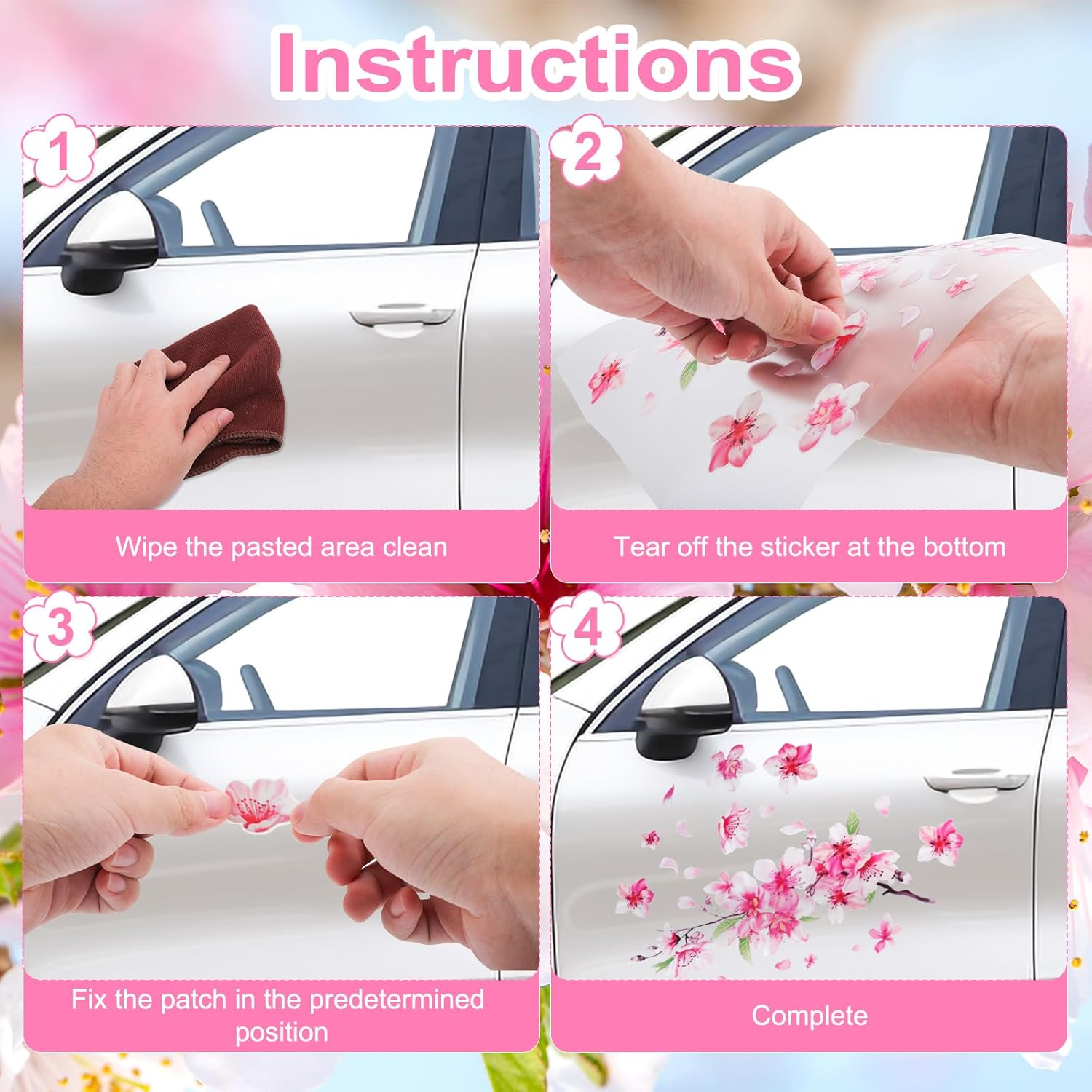 Cherry Blossom Car Sticker, Flower Car Bumper Decals Waterproof Car Scratch Cover Sticker Pink Car Decorations for Automotive Car Window Decor image number 5