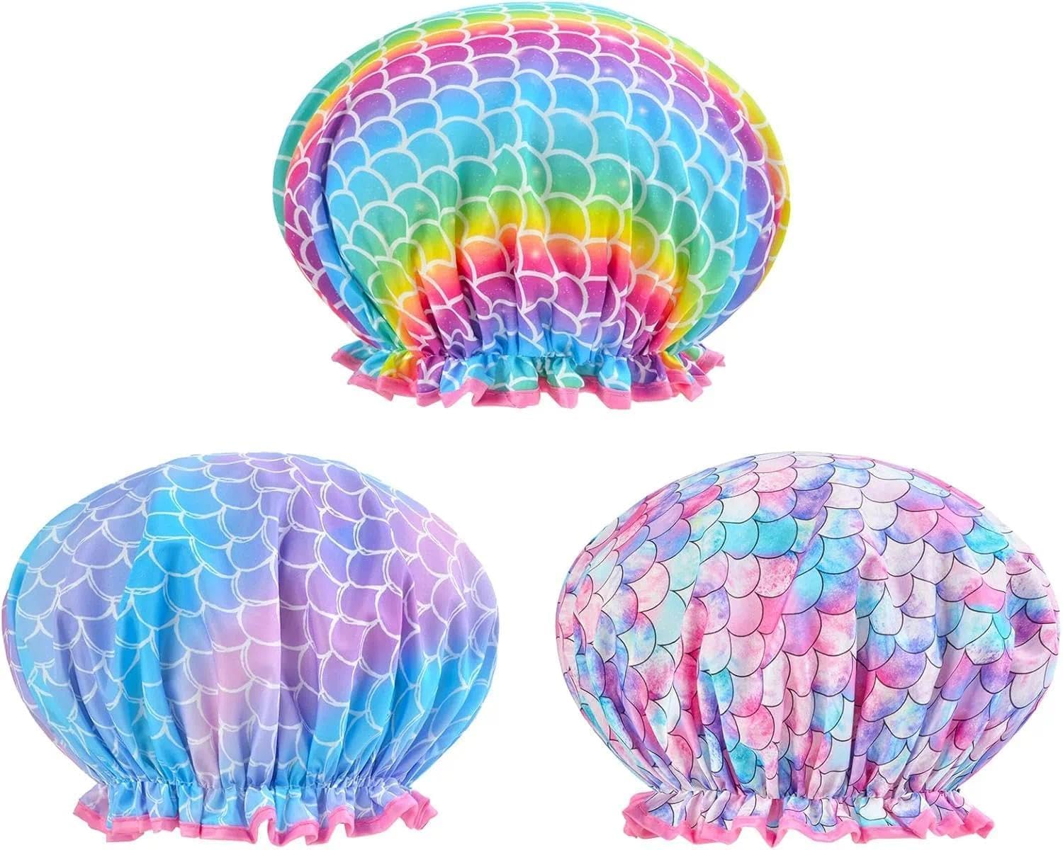 Unron 3 Pcs Kids Shower Cap for Girls, Waterproof and Reusable with Elastic Band, Breathable and Comfortable, Adjustable Large Shower Hat, Compatible with Most Kids' Head Sizes, by Unron image number 1