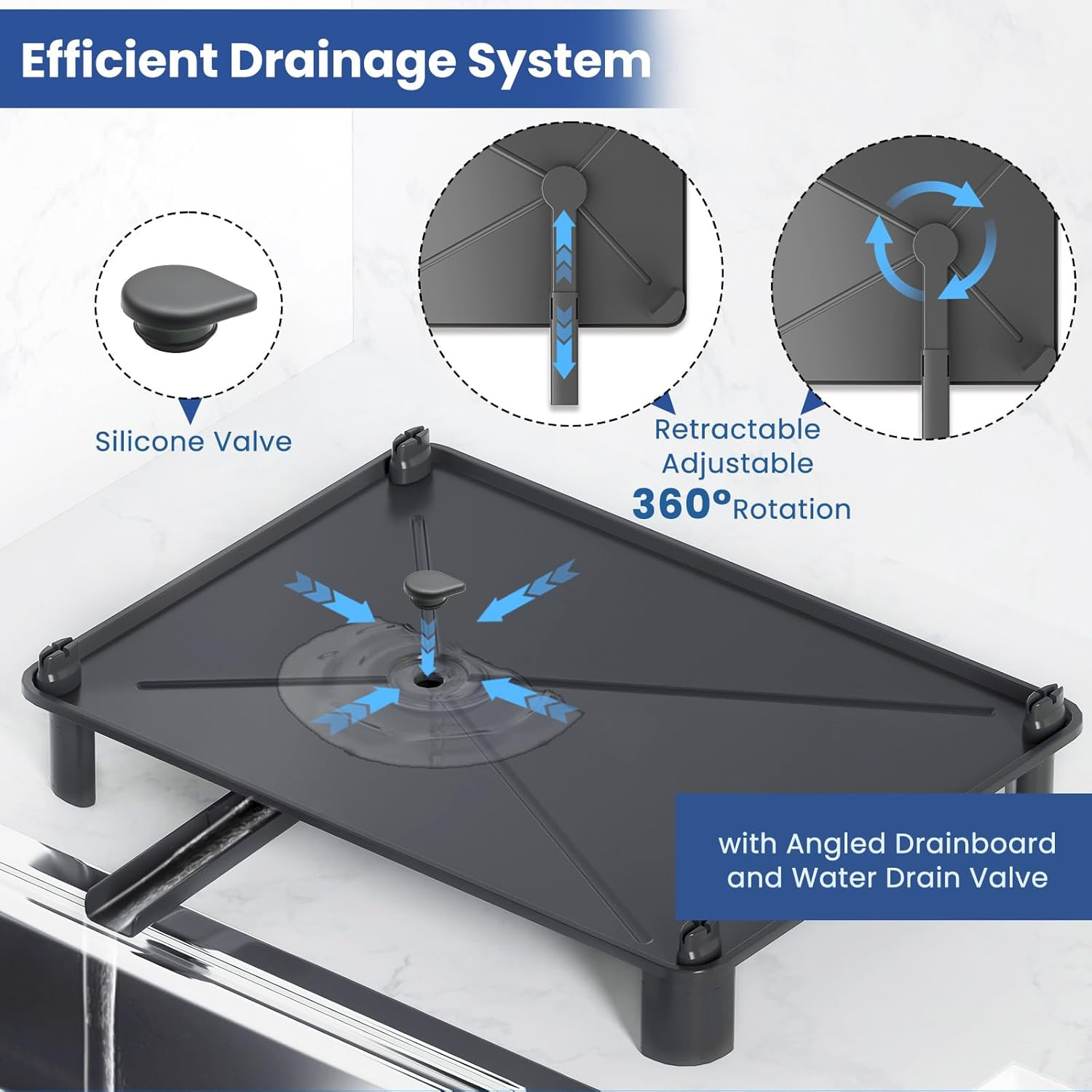 Acemining Dish Rack with Cutlery Holder and Towel Bar, 360&deg; Swivel Drain, Stainless Carbon Steel, Space Saving Kitchen Organizer for Plates, Cups, Cutlery, Black image number 6